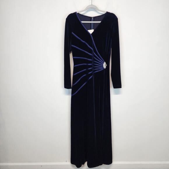 Vintage Tadashi Velvet Maxi Dress Gown Size XL Blue Rhinestone Clasp Long Sleeve - Picture 1 of 16